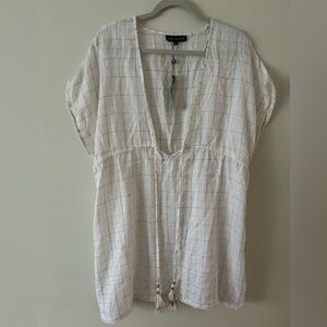 Elegant White Gold Checkered V-Neck Blouse Top Cover Up 100% Cotton